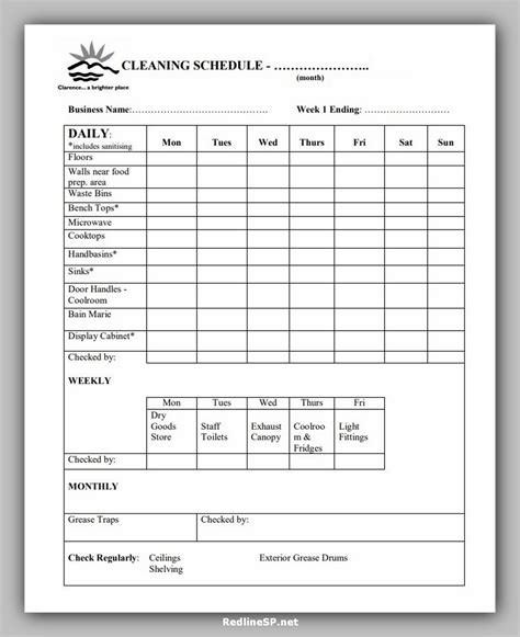 Cleaning Schedule Template For Restaurant