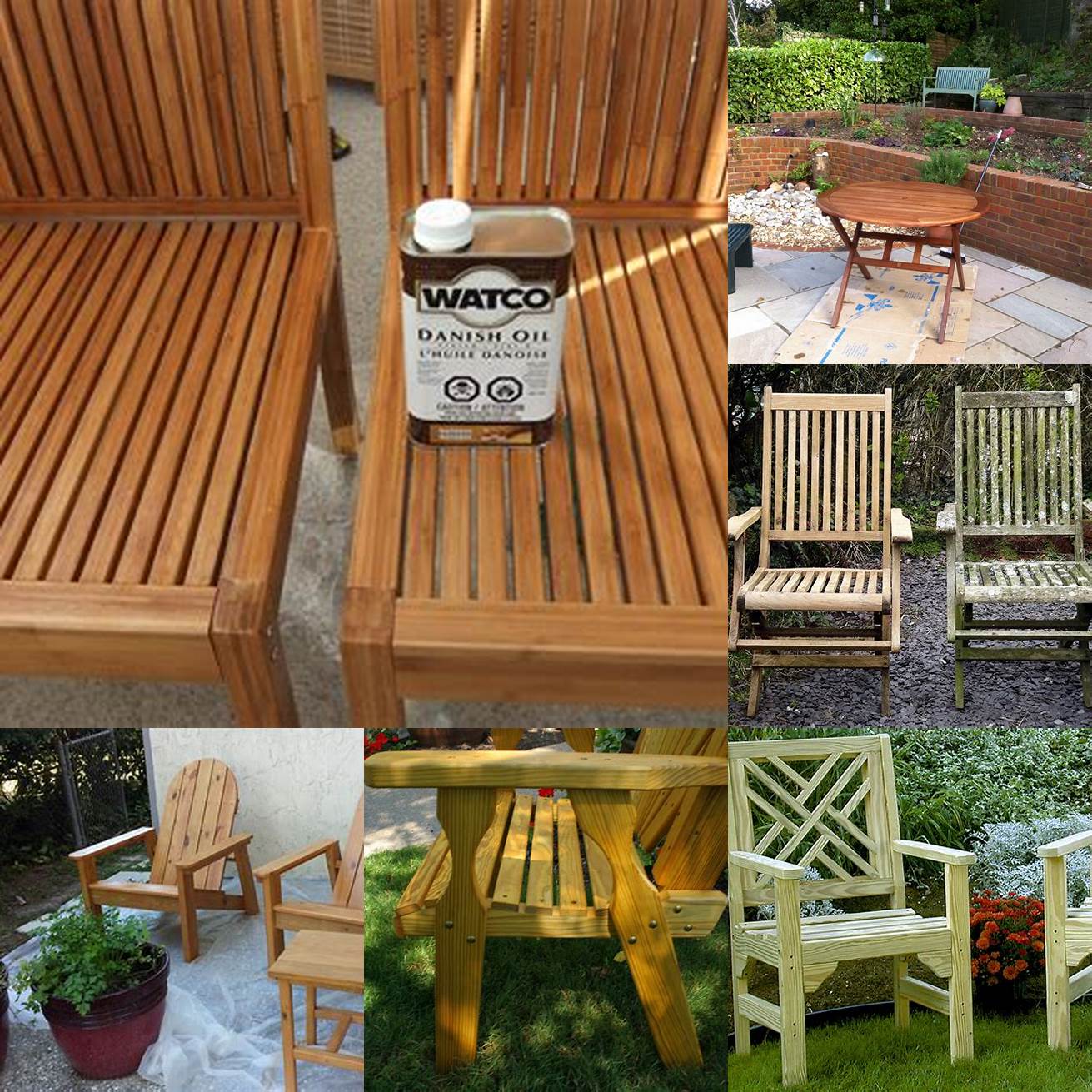 Close up photos of pine outdoor furniture treated with teak oil