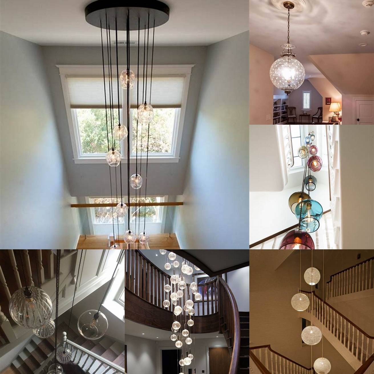 Clustered pendant lights in a stairwell