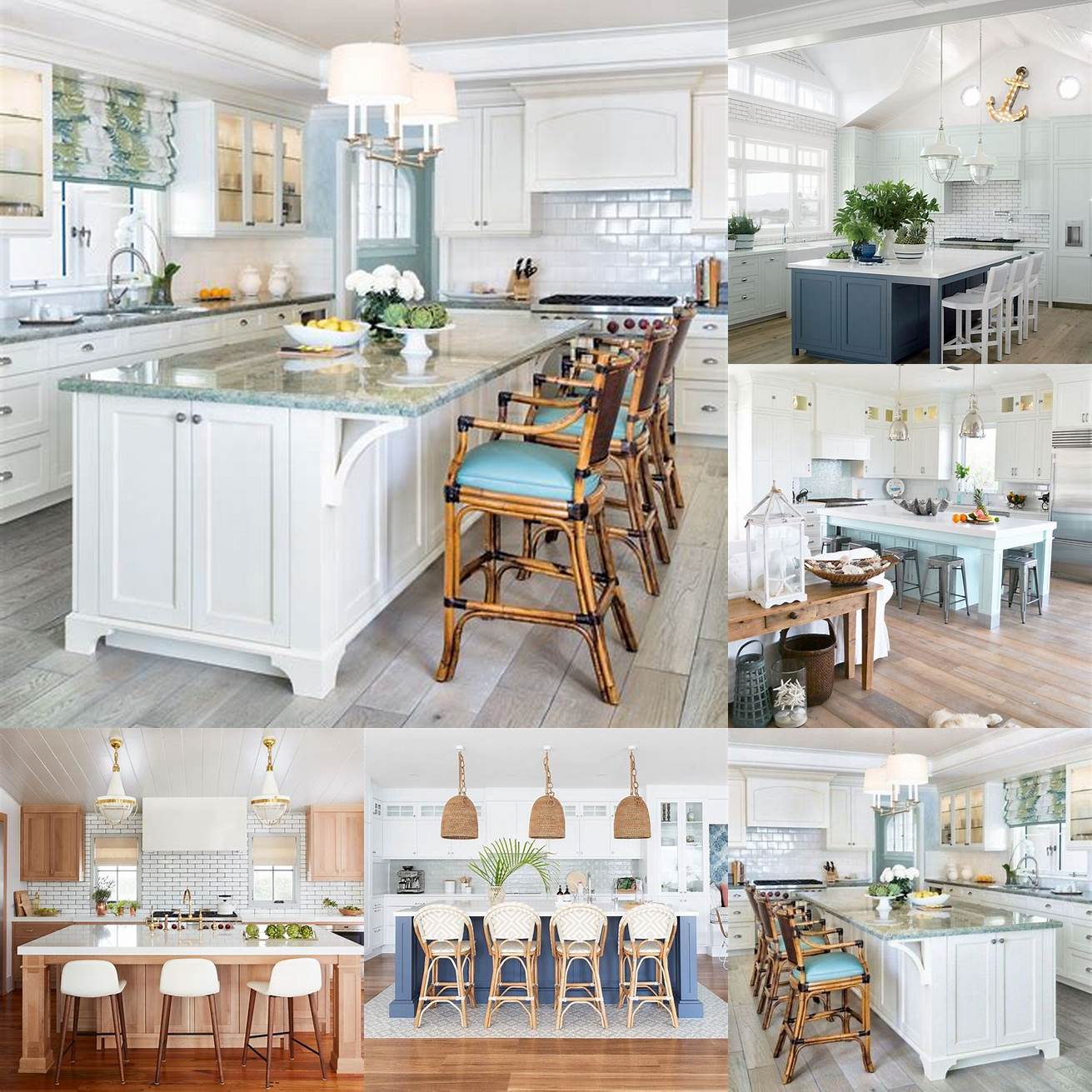 Coastal-inspired kitchen with bright white walls light wood flooring and nautical-themed decor The open shelving and glass-front cabinets allow for easy storage and display of beachy accessories