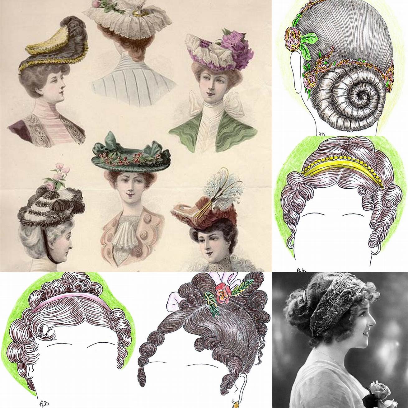 Coiffure du XIXe siècle avec une coiffure haute et bouclée décorée de rubans et de fleurs