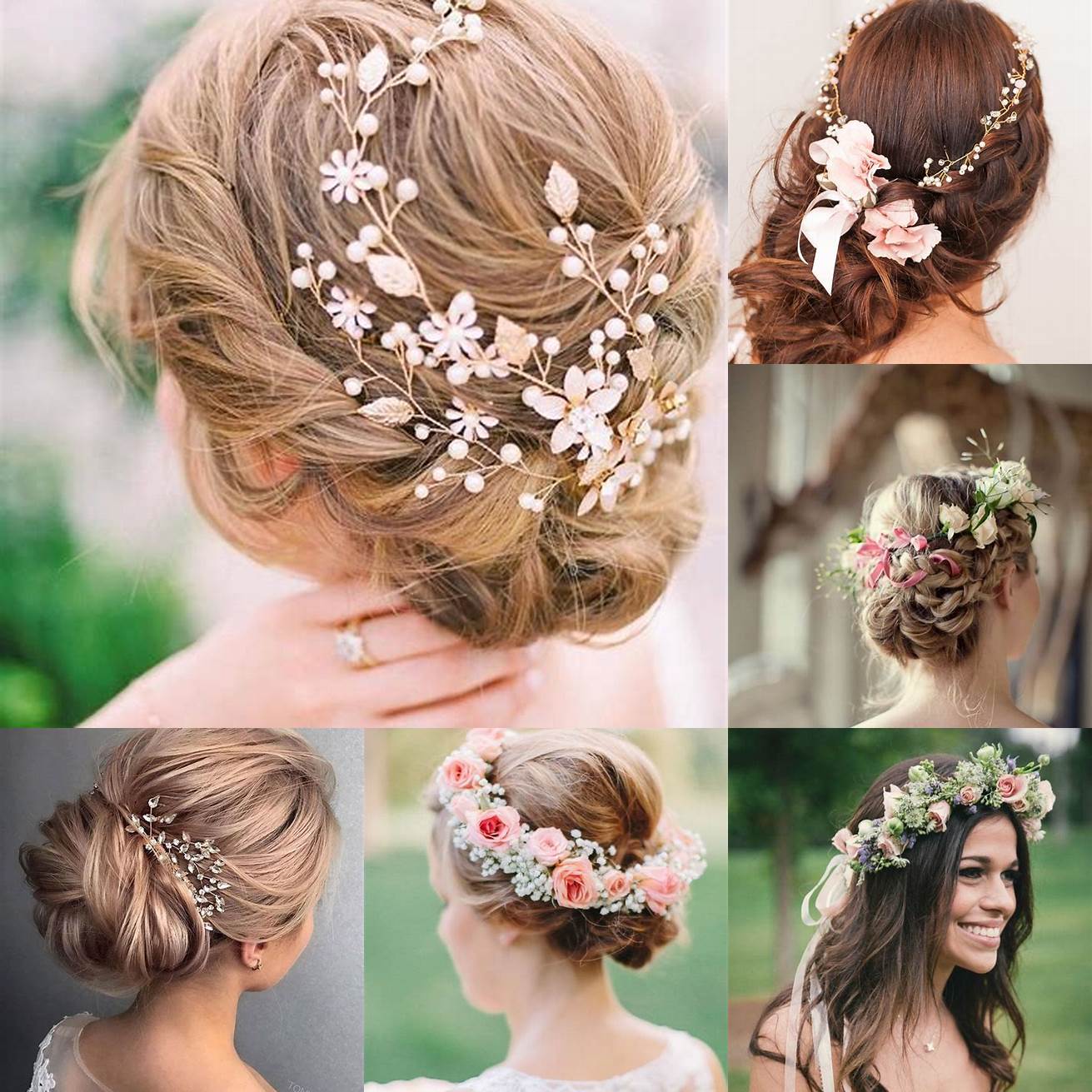 Coiffure romantique pour un mariage classique ou romantique optez pour une couronne de fleurs avec des roses ou des pivoines et des boucles doreilles en diamants