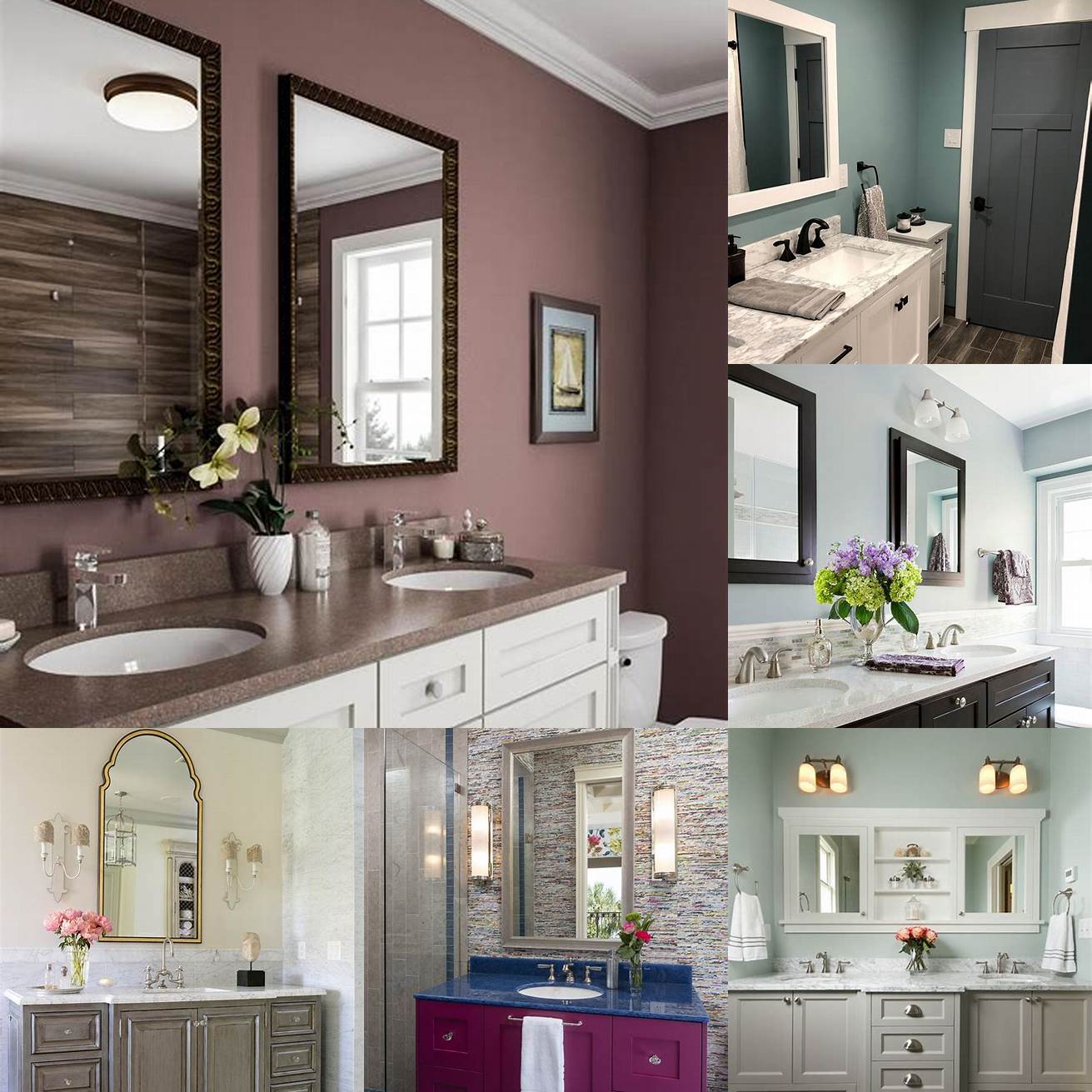 Color swatches of popular paint colors for bathroom vanities