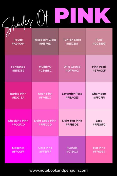 Color Chart Shades Of Pink