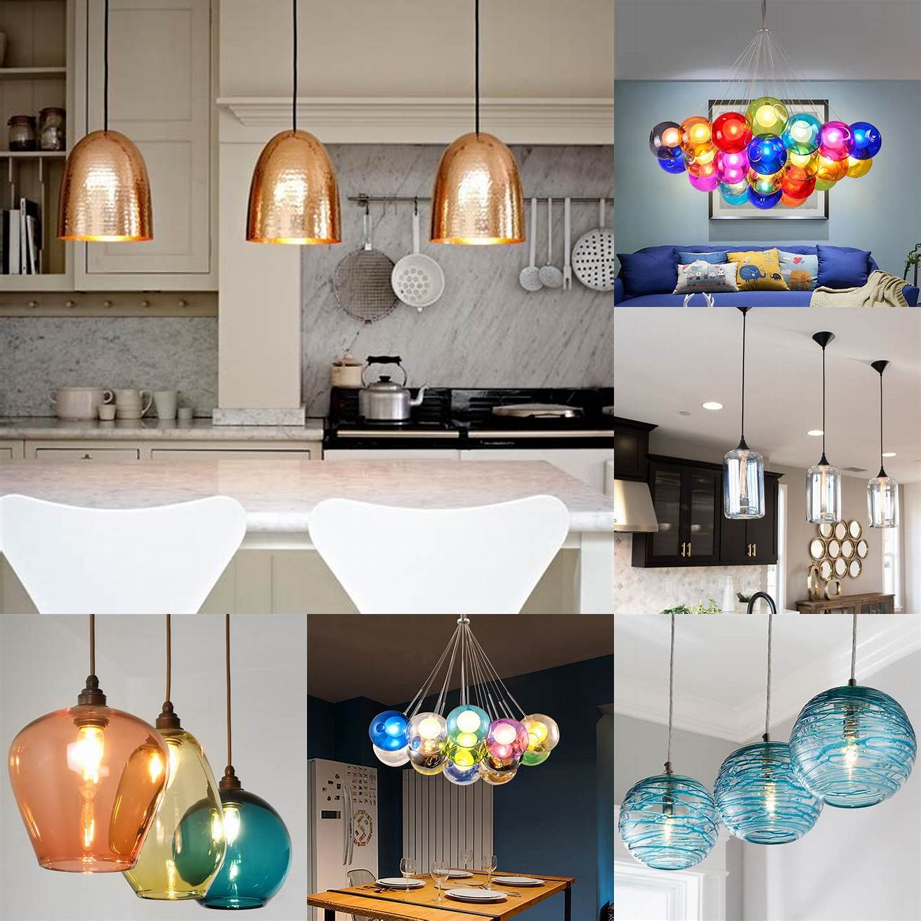 Colored pendant lights in a workspace