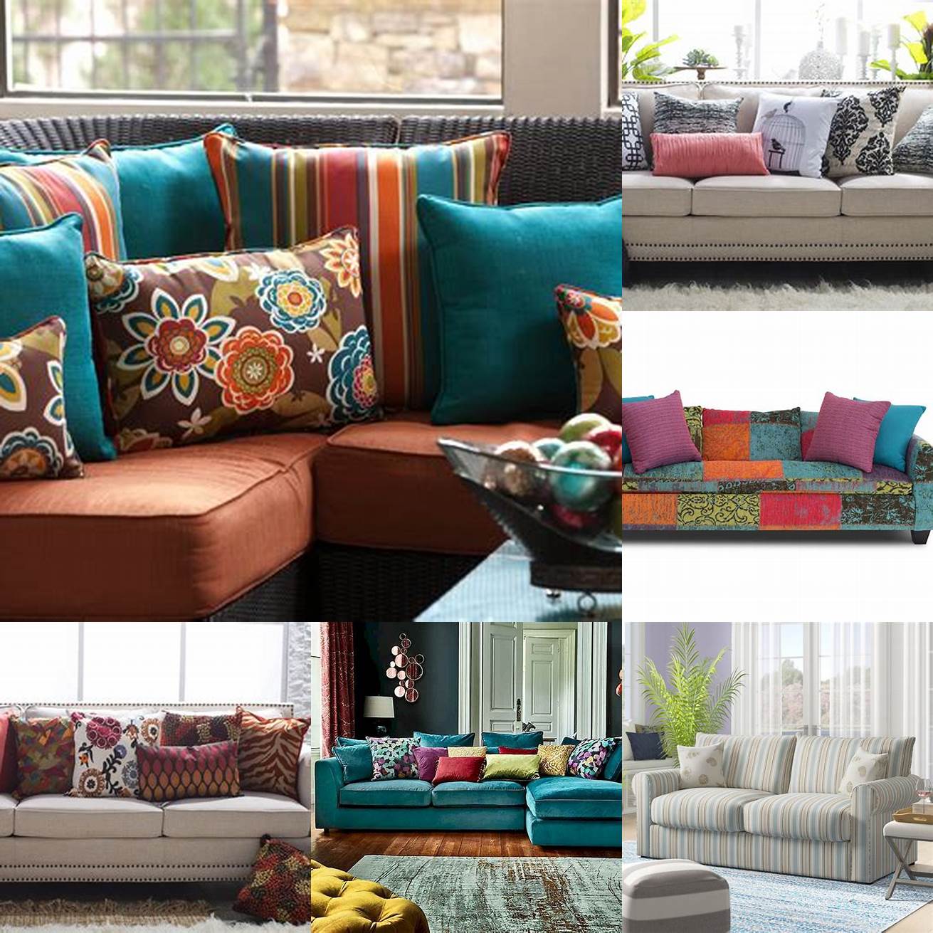 Colorful patterned fabric sofa with matching pillows