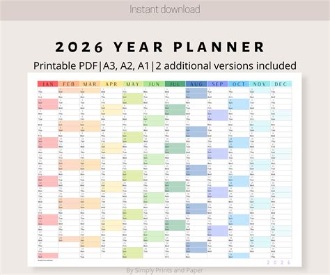 Colorful Yearly On 1 Page Printable Calendar