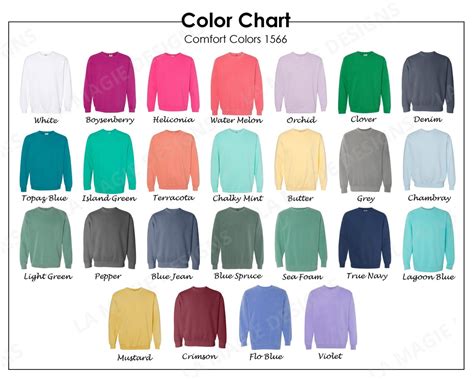 Comfort Colors Crewneck Color Chart