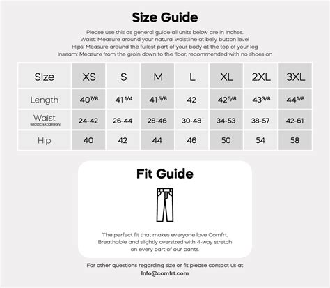 Comfrt Sweatpants Size Chart