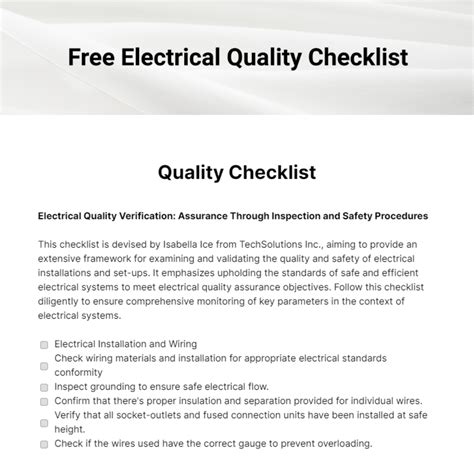 Commercial Electrical Quality Control Checklist Template