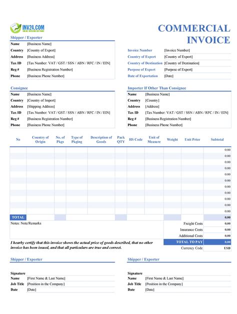 Commercial Invoices Template