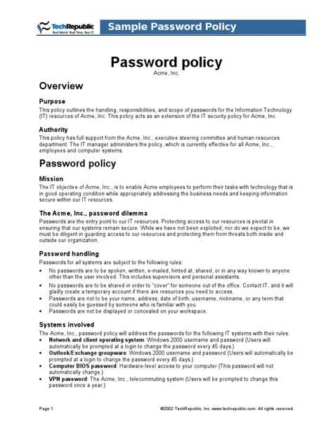 Company Password Policy Template