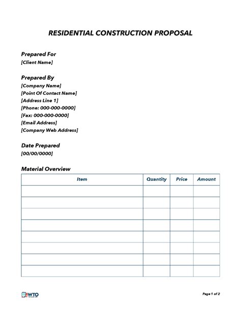 Construction Bid Proposal Template Word