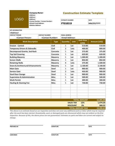 Construction Estimate Template Free Download