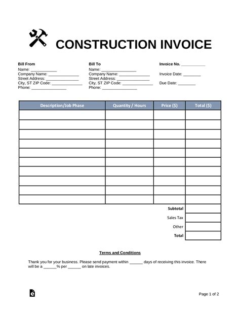 Construction Invoice Template Free