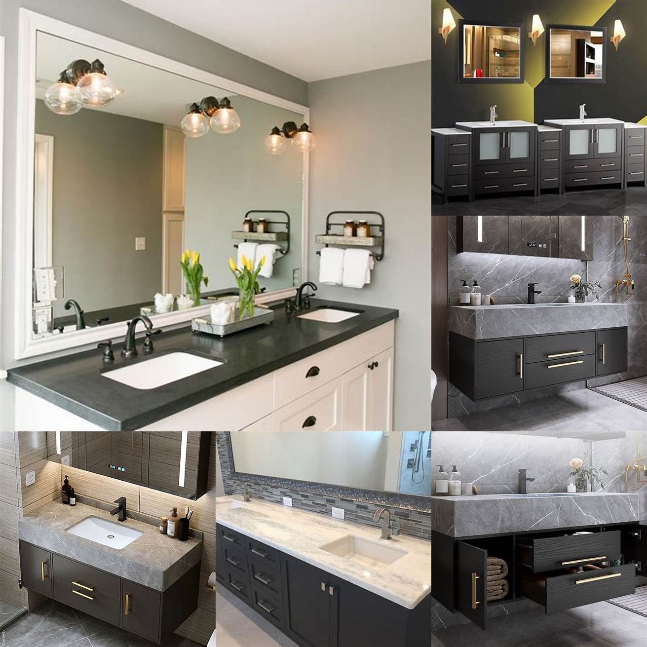Contemporary double vanity with glass cabinets and black granite countertop