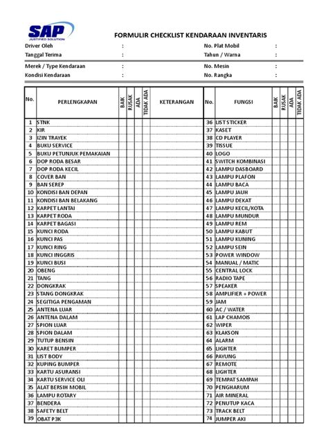 Contoh Checklist Kendaraan di Excel