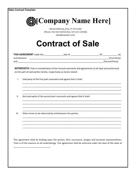 Contract Of Sale Template