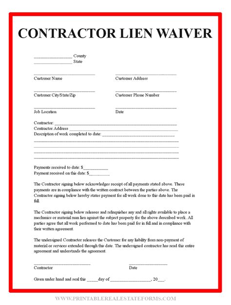 Contractor Printable Lien Waiver Form
