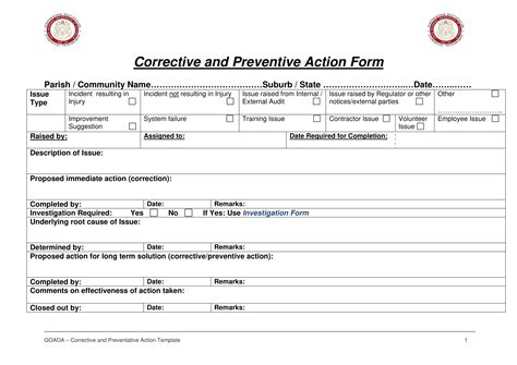 Corrective Action Report Form Template