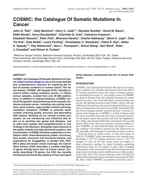 Cosmic Catalogue Of Somatic Mutations In Cancer Overview