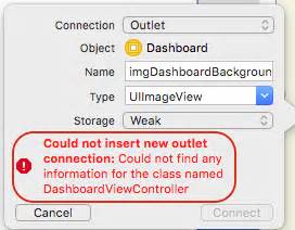 Could not insert new outlet connection Could not find any information for the class named