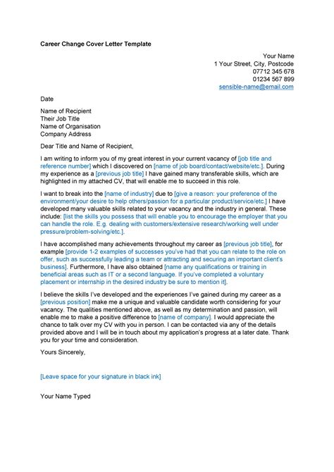 Cover Letter For Change In Career