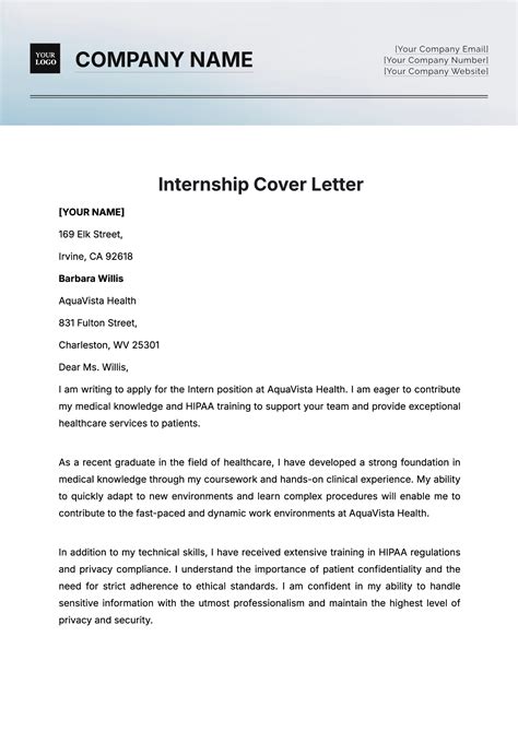 Cover Letter For Internship Template Free
