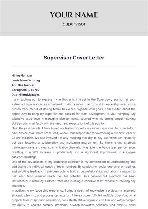 Cover Letter Template For Supervisor Position