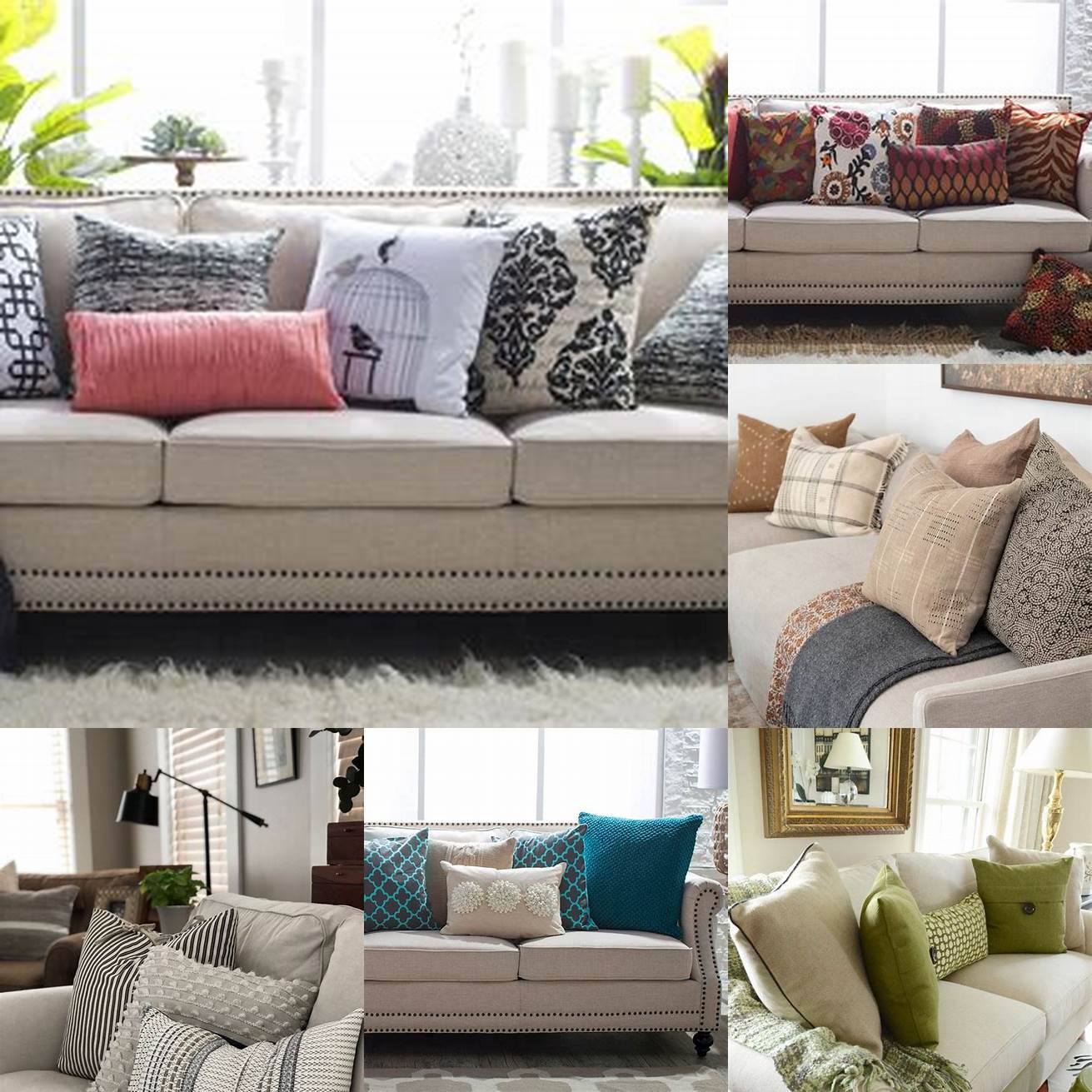 Cozy neutral fabric sofa with throw pillows and blankets