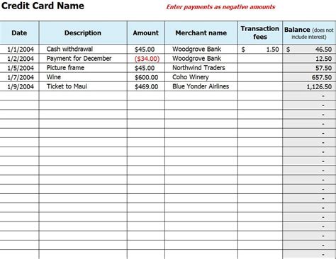 Credit Card Payment Template Excel