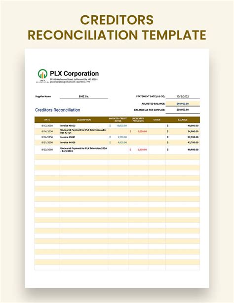 Creditor List Template