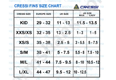 Cressi Fins Size Chart