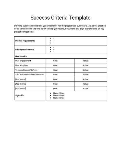 Criteria For Success Template