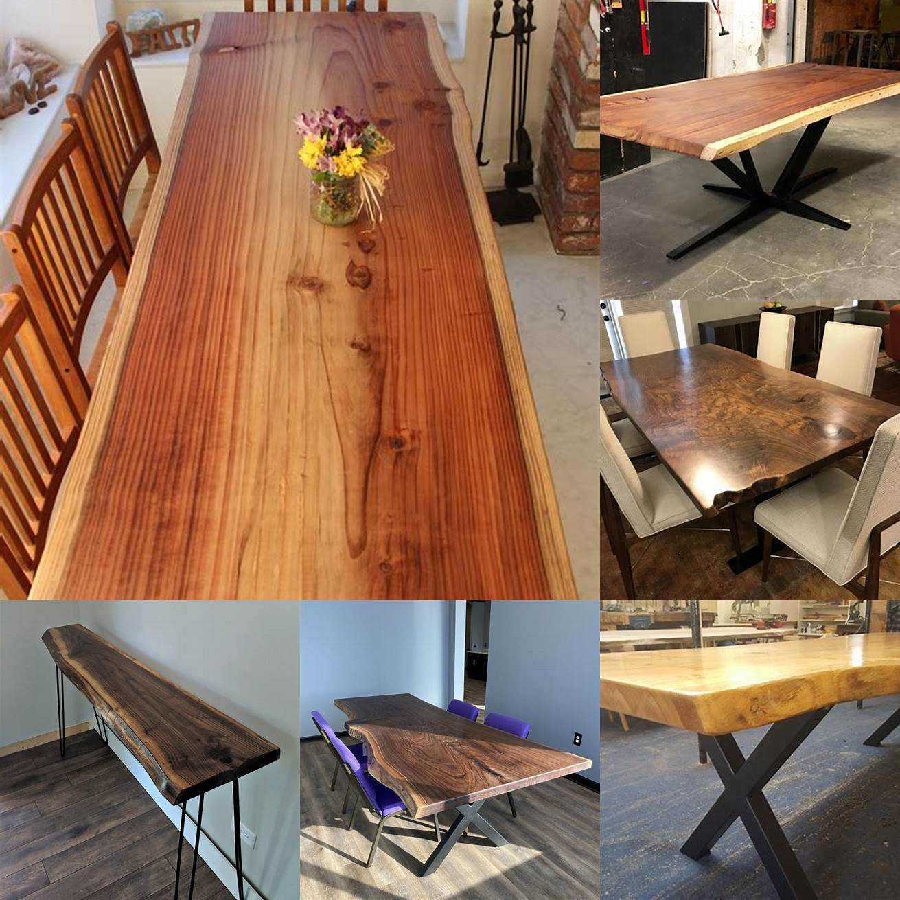 Custom dining table with live-edge wood and metal legs