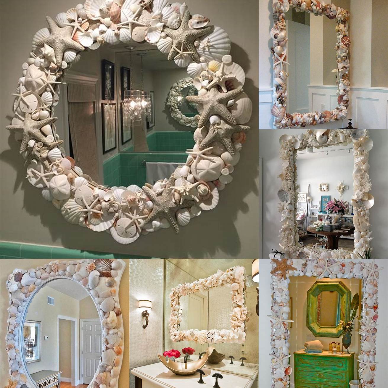 Custom framed bathroom mirror with seashell frame