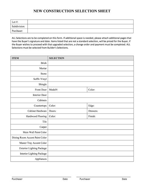 Custom Home Selection Sheet Template