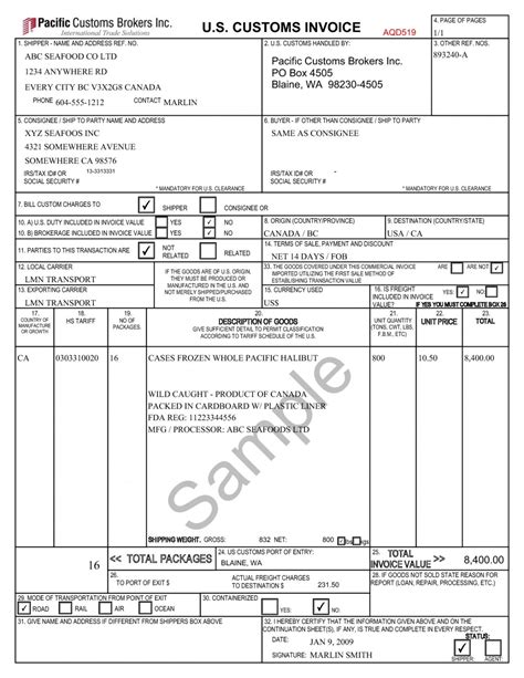 Customs Commercial Invoice Template
