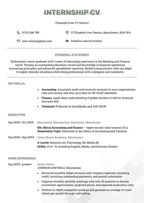 Cv Internship Template