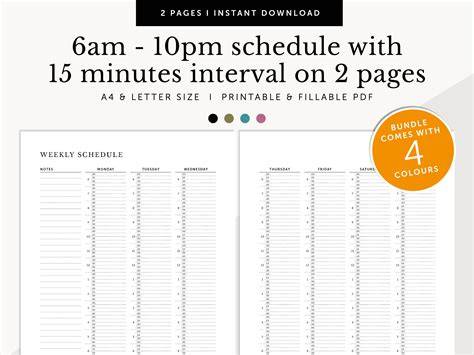 Daily Schedule Printable 6am 10pm Sun Sat