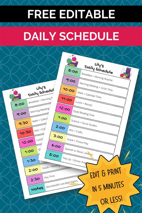 Daily Schedule Template Editable