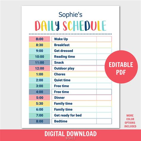 Daily Schedule Template For Kids