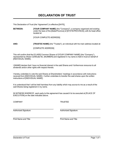 Declaration Of Trust Template