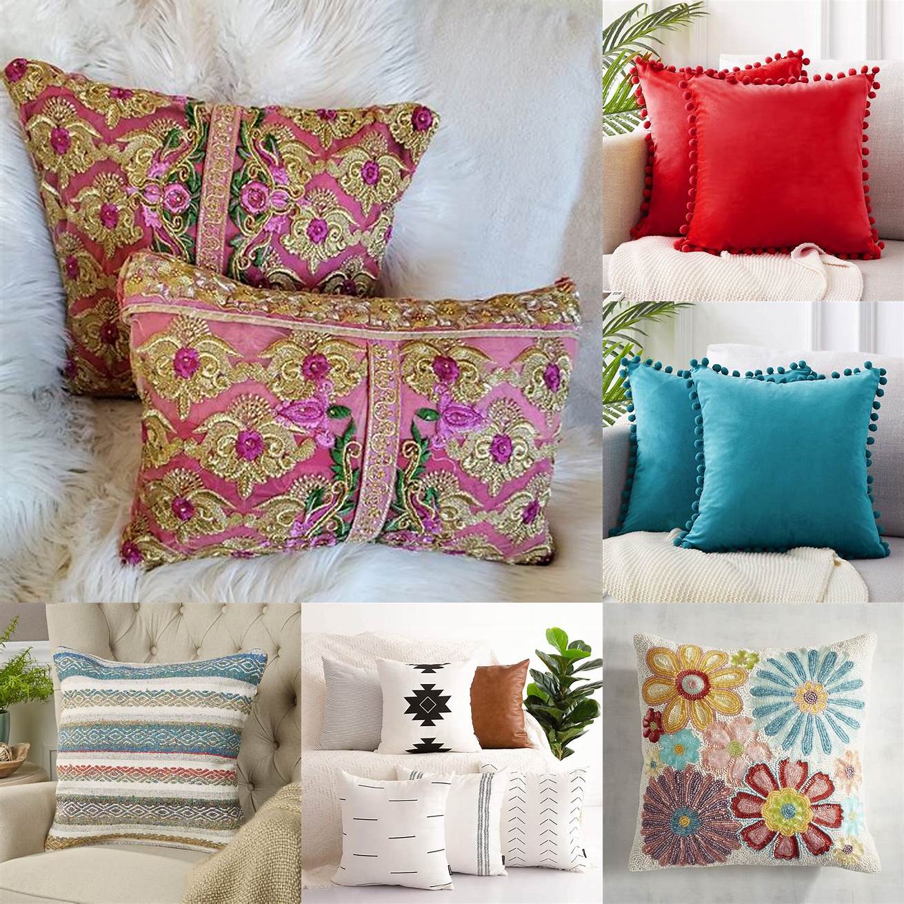 Decorative pillows in various colors and patterns