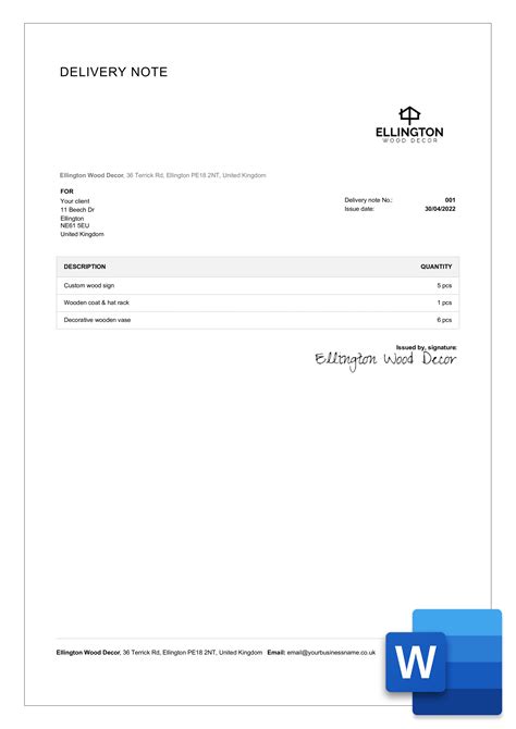 Delivery Note Template Word