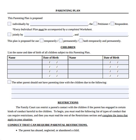 Detailed Parenting Plan Template