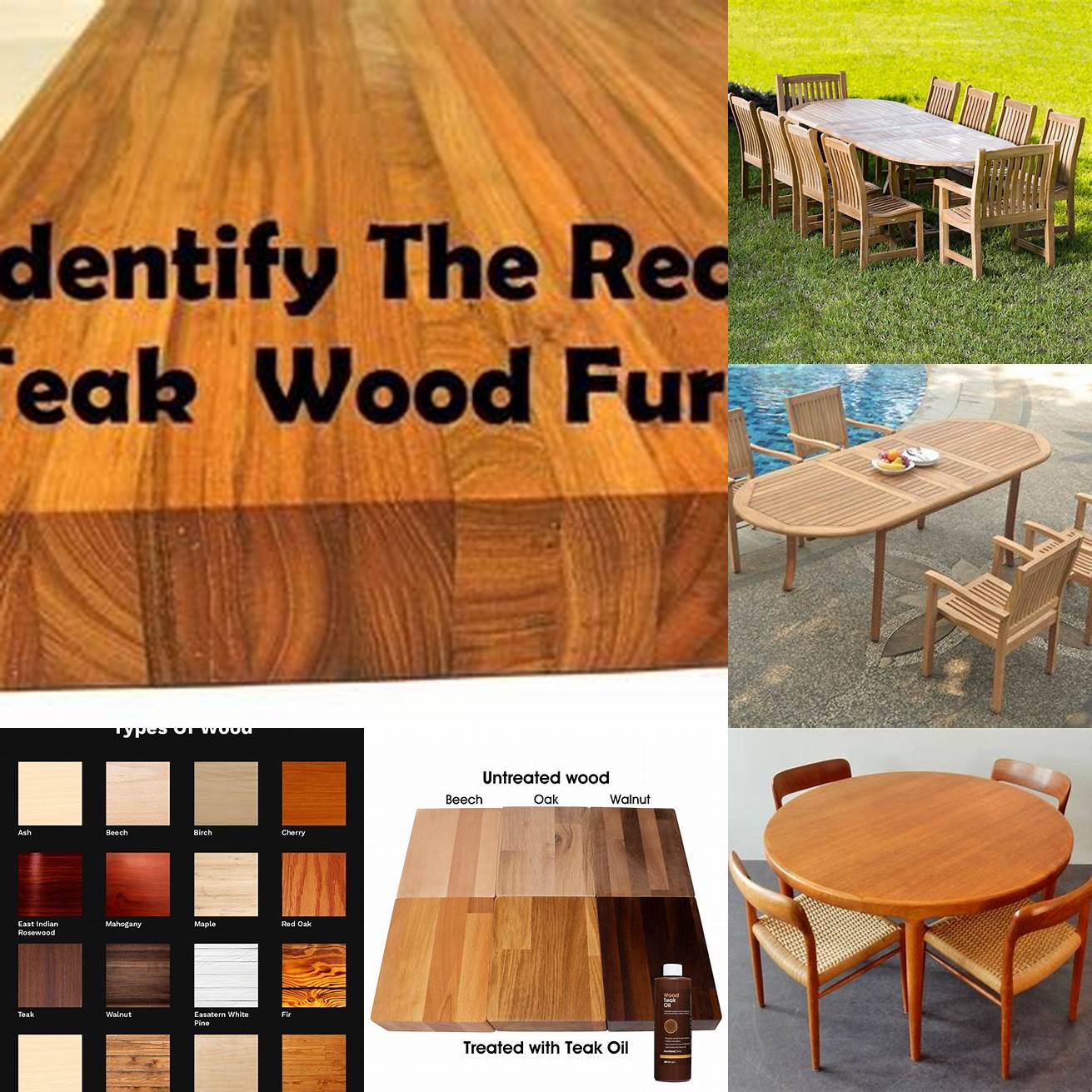 Different finishes of teak furniture