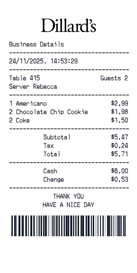 Dillards Receipt Template