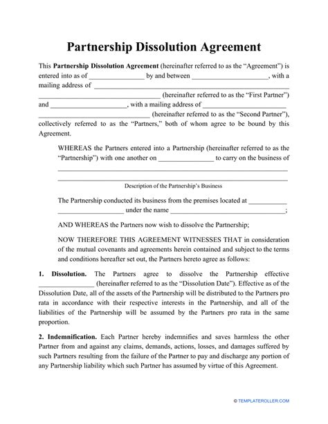 Dissolution Agreement Of Partnership Template