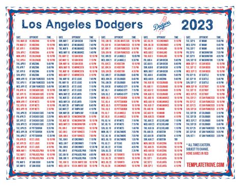 Dodgers Printable Schedule